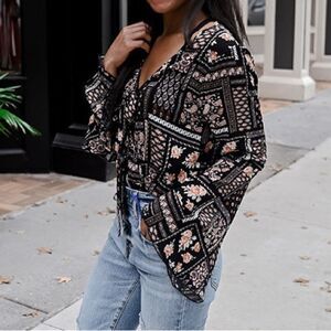 Peach Love Patchwork Flare Sleeve Bodysuit Blouse - Small